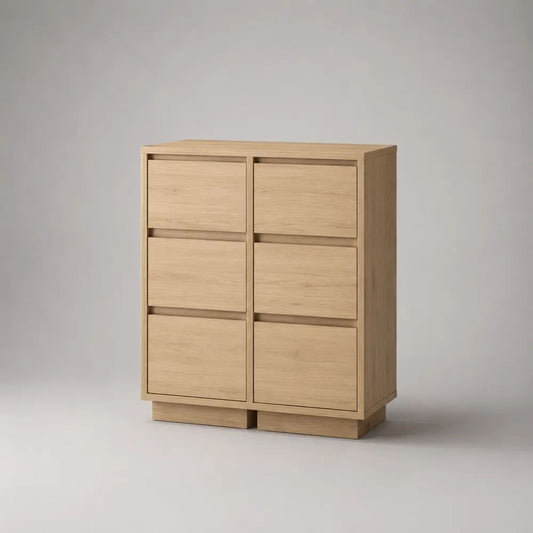 Credenza alta rettangolare in MDF impiallacciato rovere naturale con 6 cassetti, 90 x 40 x 120 cm