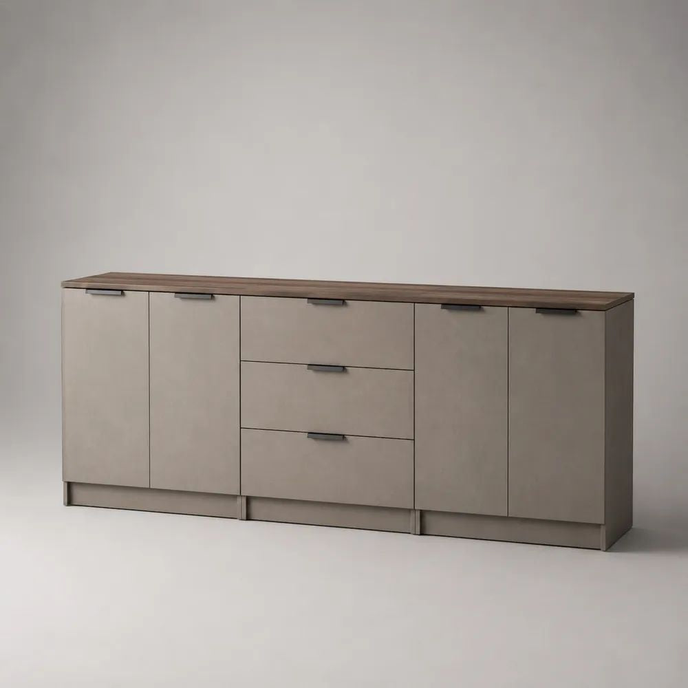 Credenza rettangolare in pannello truciolare melaminico con 4 ante e 3 cassetti, tortora e noce, 200 × 40 × 85 cm