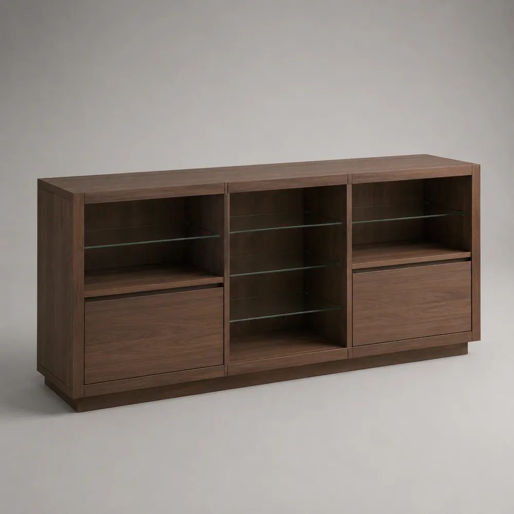 Credenza rettangolare in MDF impiallacciato noce con 4 ripiani in vetro, marrone noce e trasparente, 180 × 40 × 85 cm