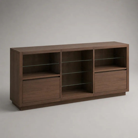 Credenza rettangolare in MDF impiallacciato noce con 4 ripiani in vetro, marrone noce e trasparente, 180 × 40 × 85 cm