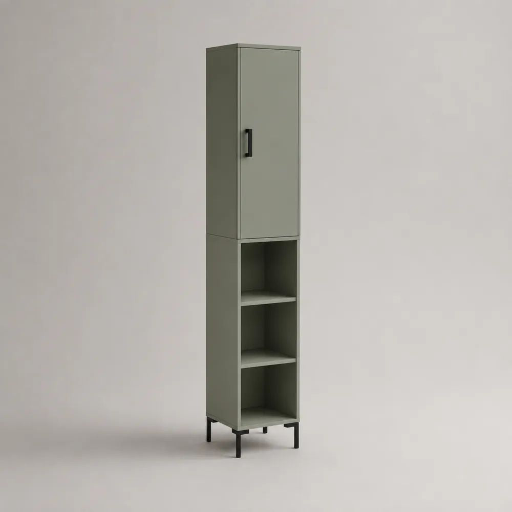 Mobile colonna dispensa in MDF melaminico con 1 anta e 3 vani aperti, verde salvia e nero, 40 × 35 × 180 cm
