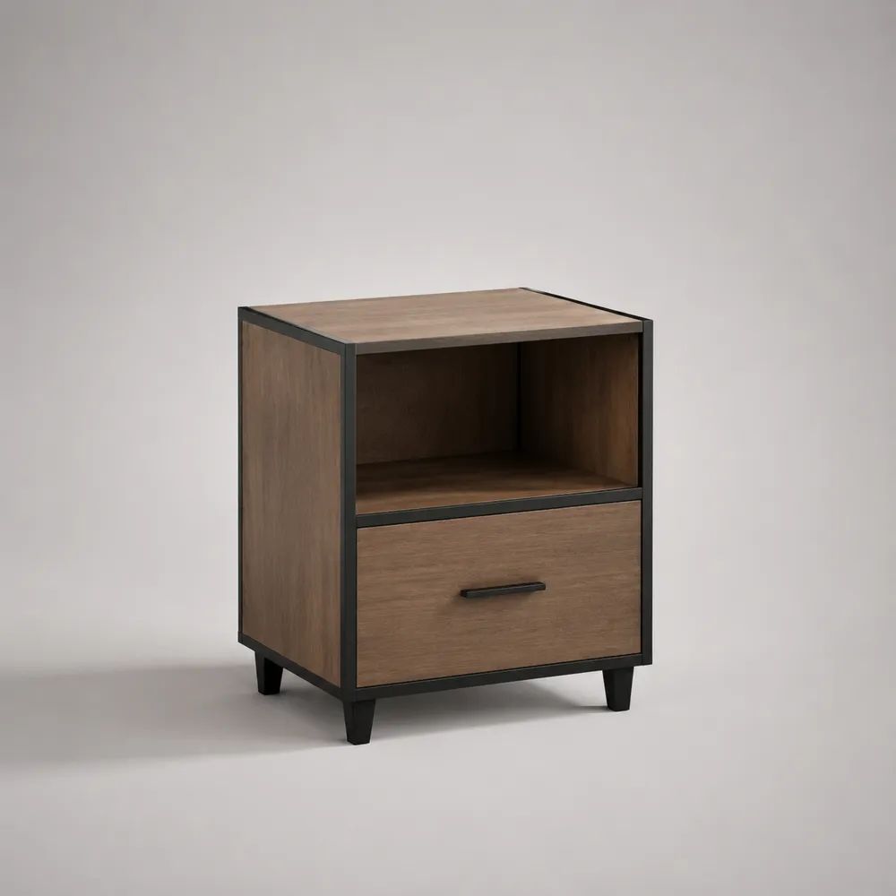 Comodino rettangolare marrone e nero con cassetto e vano aperto, in pannello truciolare melaminico e acciaio, 40 x 35 x 55 cm