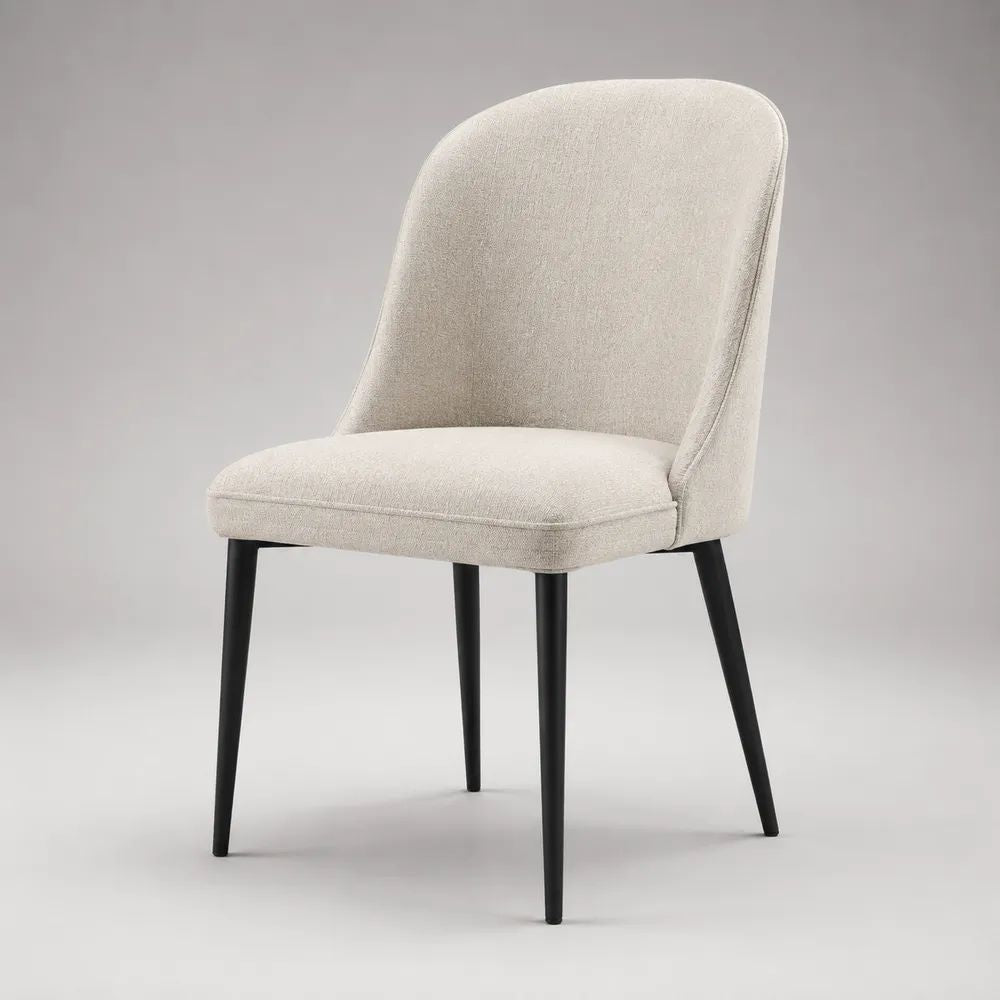 Sedia da pranzo imbottita beige in tessuto con schienale curvo e gambe in acciaio nero, 50 × 57 × 84 cm