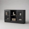 Credenza vetrina rettangolare in truciolare melaminico e vetro nero, 140 x 40 x 85 cm
