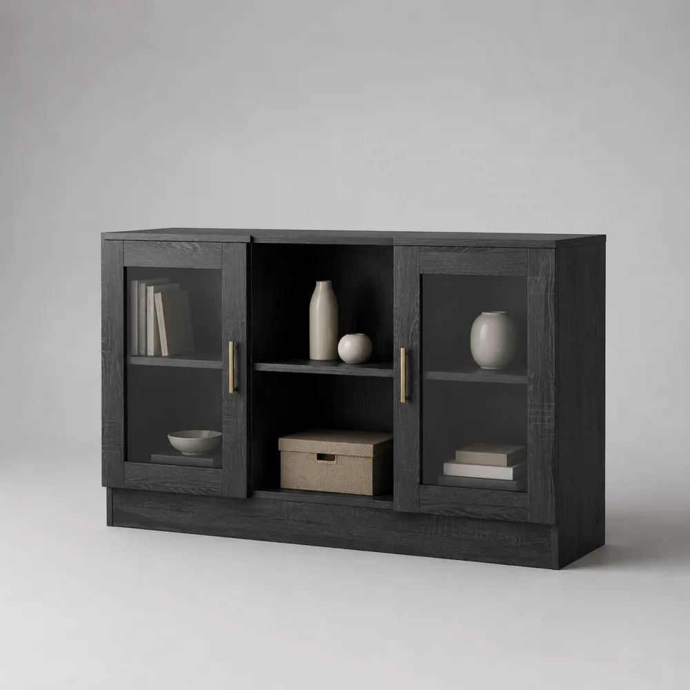 Credenza vetrina rettangolare in truciolare melaminico e vetro nero, 140 x 40 x 85 cm