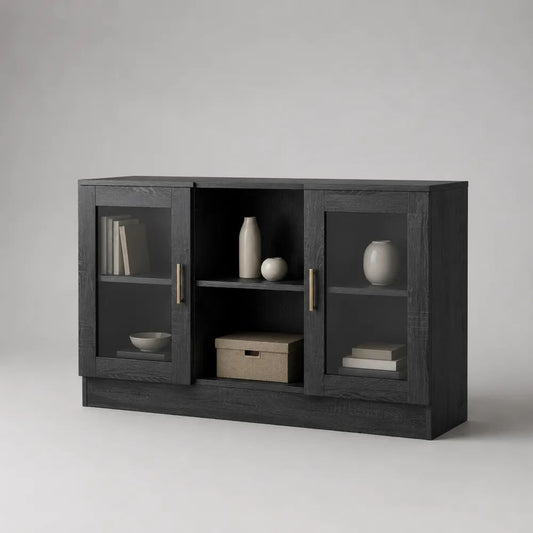 Credenza vetrina rettangolare in truciolare melaminico e vetro nero, 140 x 40 x 85 cm
